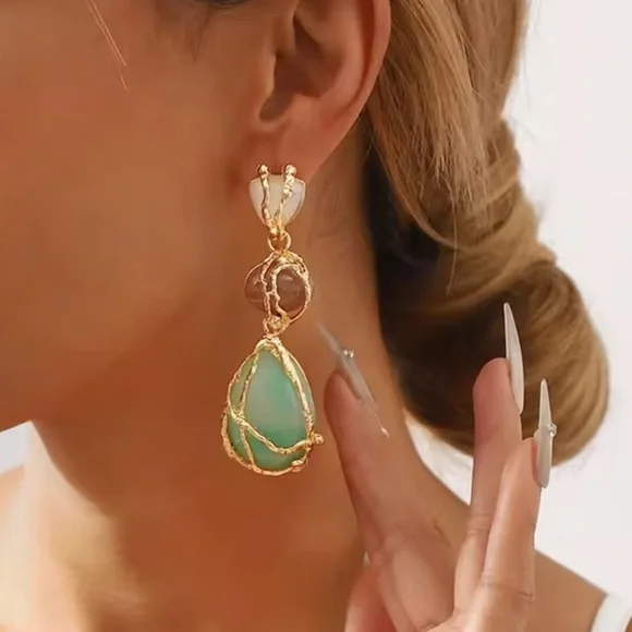 Zara Gold Green Stone Drop Earrings - Picture 3 of 10